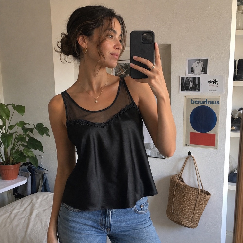 Vintage Black Satin Cropped Camisole Sheer Mesh Floral Lace Top Lingerie Cropped